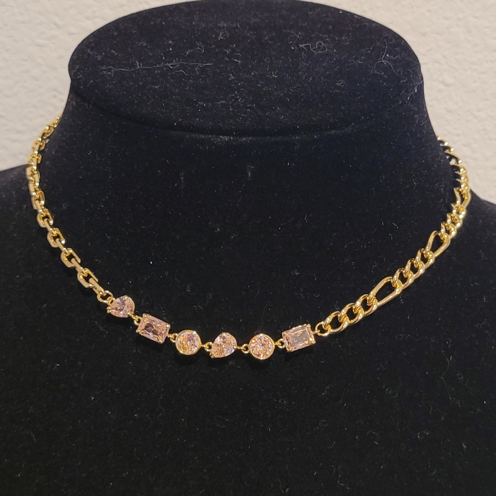 F+H 18k Gold Plated Choker Necklace eith Pink Crystals New